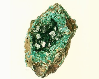 1970 Vintage Green Dioptase Print. Antique Earth Science. Rocks Gemstone Minerals  Framing home decor