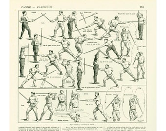 1897 Fencing Fighting Cane Sport Antique Print Larousse French Vintage 115 YEARS OLD