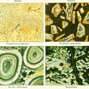 May include: A close-up image of four different types of rock: Gneiss, Granite, Pegmatite graphique, and Porphyre sy&eacute;nitique. The image also shows Diorite orbiculaire and Serpentine.