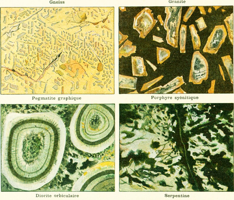 May include: A close-up image of four different types of rock: Gneiss, Granite, Pegmatite graphique, and Porphyre sy&eacute;nitique. The image also shows Diorite orbiculaire and Serpentine.
