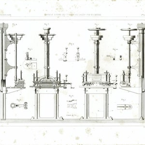 May include: A detailed black and white line drawing of a machine with a vertical shaft and a crank. The drawing is labeled "Machine a filer les tissus des draps" and includes several figures showing different parts of the machine.