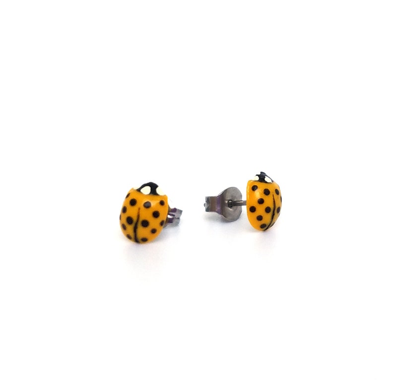 Pictured is a pair of yellow 
ladybug earrings on a solid white background.
