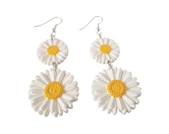 White Double Daisy Earrings, Flowers Earrings, Gift for Her, Gifts for Mom, Cute Earrings, Mothers Day Gift,