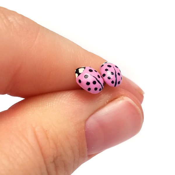 Pink Ladybug Earrings Handmade from Polymer Clay