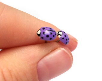 Purple Ladybug Stud Earrings, Polymer Clay, Hypoallergenic Posts