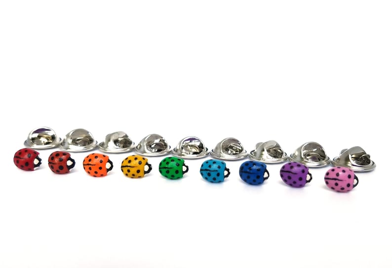 Pictured are nine ladybug pins in a straight row in the following colors: red, ladybug red, orange, yellow, green, light blue, dark blue, purple, and pink.