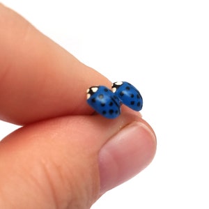 Pictured is a pair of dark blue ladybug earrings being held between a thumb and index finger for a close-up shot and size reference.
