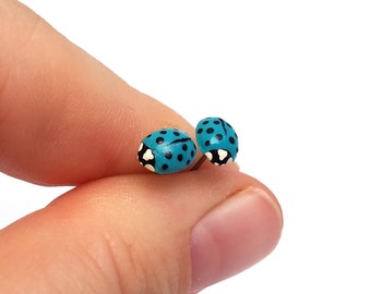 Blue Ladybug Earrings, Hand-Painted Polymer Clay Studs
