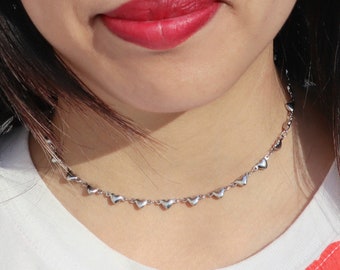 Heart beaded choker, y2k heart silver chain necklace
