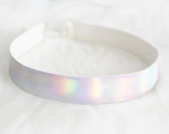 Holographic y2k choker, iridescent silver grunge necklace, cyberpunk