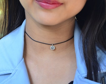 Coin black choker, silver patterned disk necklace