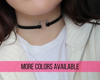 Cat choker, black collar with cat charm, pink brown red suede cat choker