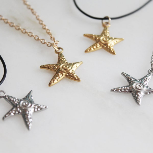 Star swirl necklace, y2k swirly starfish choker, stainless steel silver gold star with swirl chain cord necklace