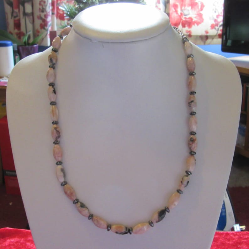 Jasper faceted rice bead necklace with gunmetal coloured Haematite rondelle spacers.