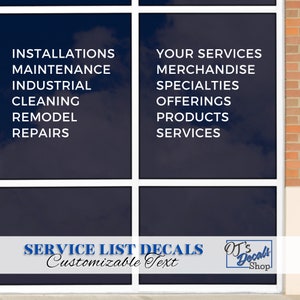 Custom Service Decals for Store Front Window, Personalized Services Storefront Vinyl Decal, Shop List of Products Vinyl Lettering For Window