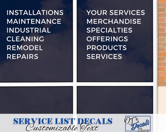 Custom Service Decals for Store Front Window, Personalized Services Storefront Vinyl Decal, Shop List of Products Vinyl Lettering For Window