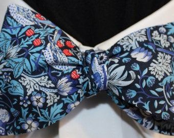 MARGARET'S GARDEN~Classic Strawberry Thief -Handmade Liberty of London Bowtie with birds, florals and strawberries, for the Well-Dressed