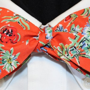 VINTAGE BOUQUET Bow Tie: VINTAGE Liberty of London fine cotton. Spectacular floral on hot orange/red background.  For the well-dressed