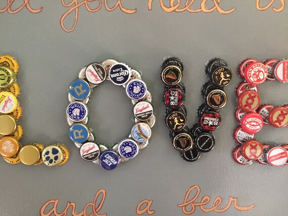 Beer Bottle Cap Art All You Need Is Love Canvas Wall Hanging Etsy