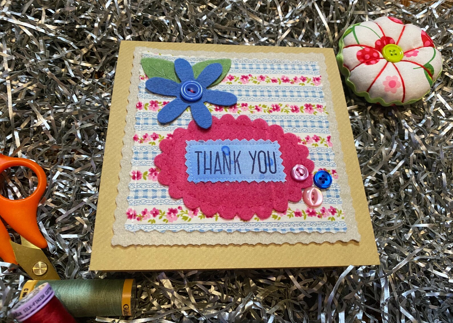 Thank you card. Fabric textile Card. handmade. Etsy