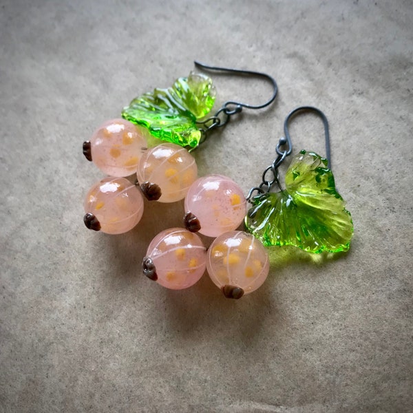 Pink currant earrings, lampwork glass pink berry earrings.