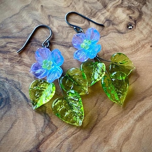 Lilac hydrangea flower earrings, glass flowers, oxidised sterling silver.