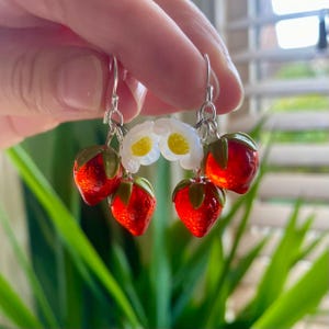 Wild strawberry earrings, glass lampwork summer earrings.