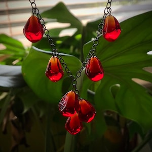 Glass pomegranate seed necklace, pomegranate necklace, oxidised sterling silver.