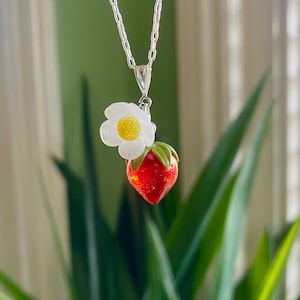 Glass strawberry necklace, lampwork strawberry pendant with blossom.