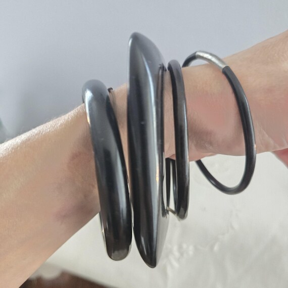 Vintage Black Bakelite Bangle Stack-Wide Rounded … - image 2