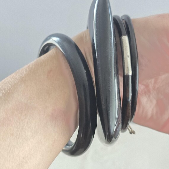 Vintage Black Bakelite Bangle Stack-Wide Rounded … - image 10