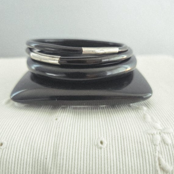 Vintage Black Bakelite Bangle Stack-Wide Rounded … - image 3