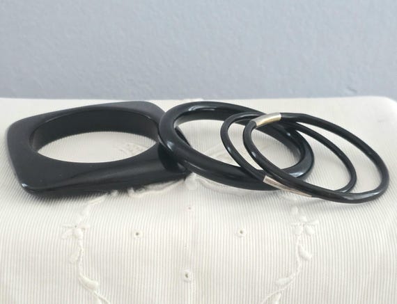 Vintage Black Bakelite Bangle Stack-Wide Rounded … - image 1