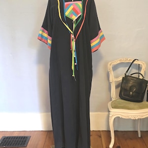 Vintage 1970s Patchworks Kimono Sleeve Maxi Caftan, Rainbow Beaded Ribbon Tassels, Multicolor Pieced Yoke