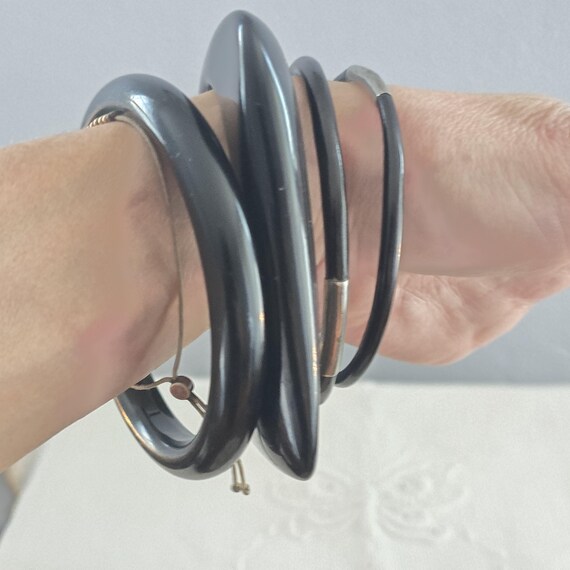 Vintage Black Bakelite Bangle Stack-Wide Rounded … - image 6