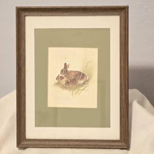 Vintage M.G. Glen Loates Glazed Framed Matted Print, Mother and Bunnies in Field