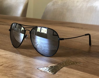 Wedding Aviator Sunglasses - Black Rimmed/Mirrored Lens