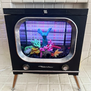 ビンテージテレビ水槽、60 年代のコンソールテレビのアップ