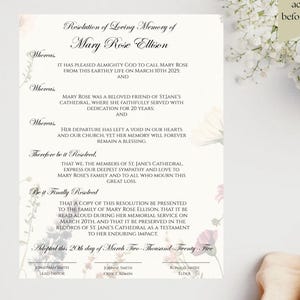 Plantilla editable de carta de resolución de funeral / Homenaje conmemorativo al difunto / Anuncio de celebración de la vida con flores silvestres, recuerdo