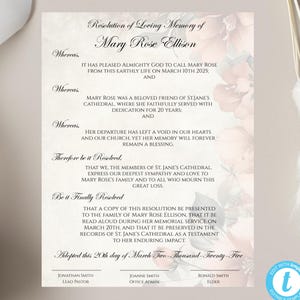 Plantilla editable de carta de resolución de funeral / Homenaje conmemorativo al difunto / Impresión de un recuerdo de celebración de la vida con rosas antiguas