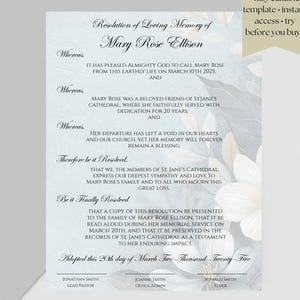 Plantilla editable de carta de resolución de funeral / Homenaje conmemorativo al difunto / Recuerdo floral de celebración de la vida con lirios azules