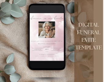 Editable Digital Funeral Evite | Soft Pink Heaven Memorial Theme Template for Celebration of Life Invite | Legacy Tribute DIY Announcement