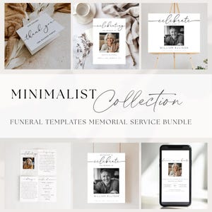 Ensemble minimaliste fixe funéraire modifiable | Modèles numériques pour célébrer la vie | Programme, panneau de bienvenue, carte de remerciement et invitation