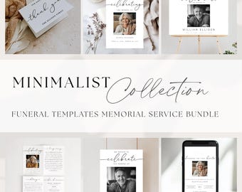 Editable Funeral Stationary Minimalist Bundle | Digital Templates for Celebration of Life | Program, Welcome Sign, Thank You Card and Evite