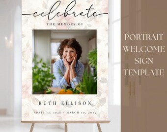 Editable PORTRAIT Funeral Welcome Sign | Celebration of Life Poster Digital Template | Loving Memory Vintage Spring Floral Memorial Design