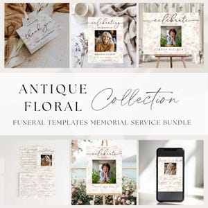 Paquete de papelería funeraria editable con diseño floral antiguo / Plantillas digitales para celebrar la vida / Programa, cartel de bienvenida, tarjeta de agradecimiento y Evite