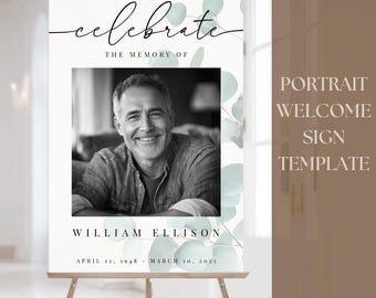 Editable PORTRAIT Funeral Welcome Sign | Celebration of Life Poster Digital Template | Loving Memory Sage Green Eucalyptus Memorial Design