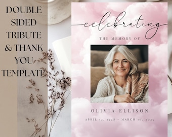 Editable Funeral Double-Sided Tribute Design Template | Blush Heaven Announcement & Thank You | Celebration Life Memorial Welcome Keepsake
