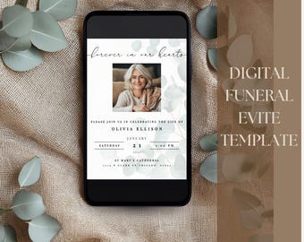 Eucalyptus Funeral Evite Template: Elegant Memorial Announcement (Digital)