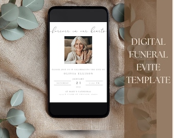 Editable Digital Funeral Evite | Minimalist Black and White Memorial Template for Celebration of Life Invite | DIY Tribute Announcement